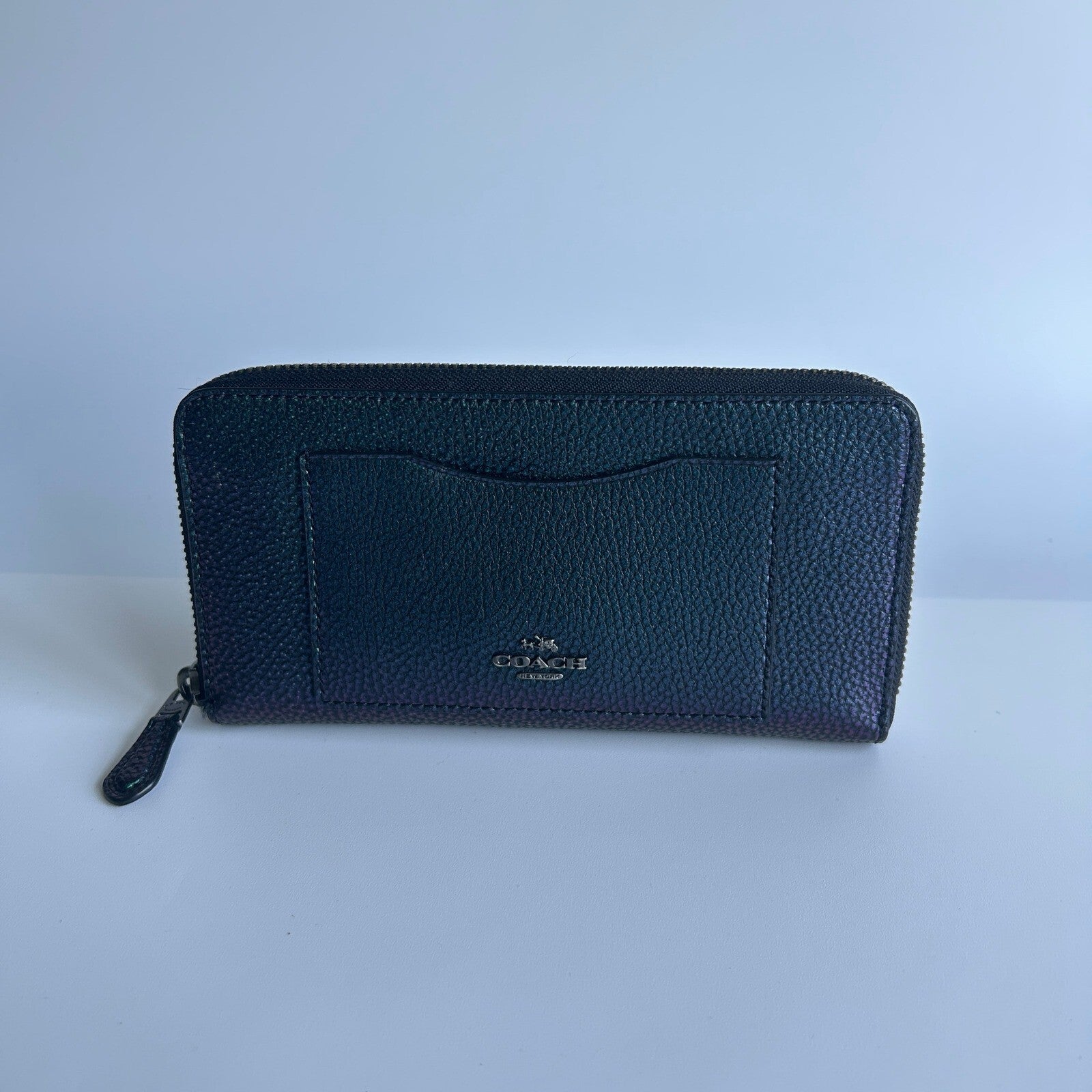 Coach Accordion Zip Around Metallic Green Crossgrain Leather
