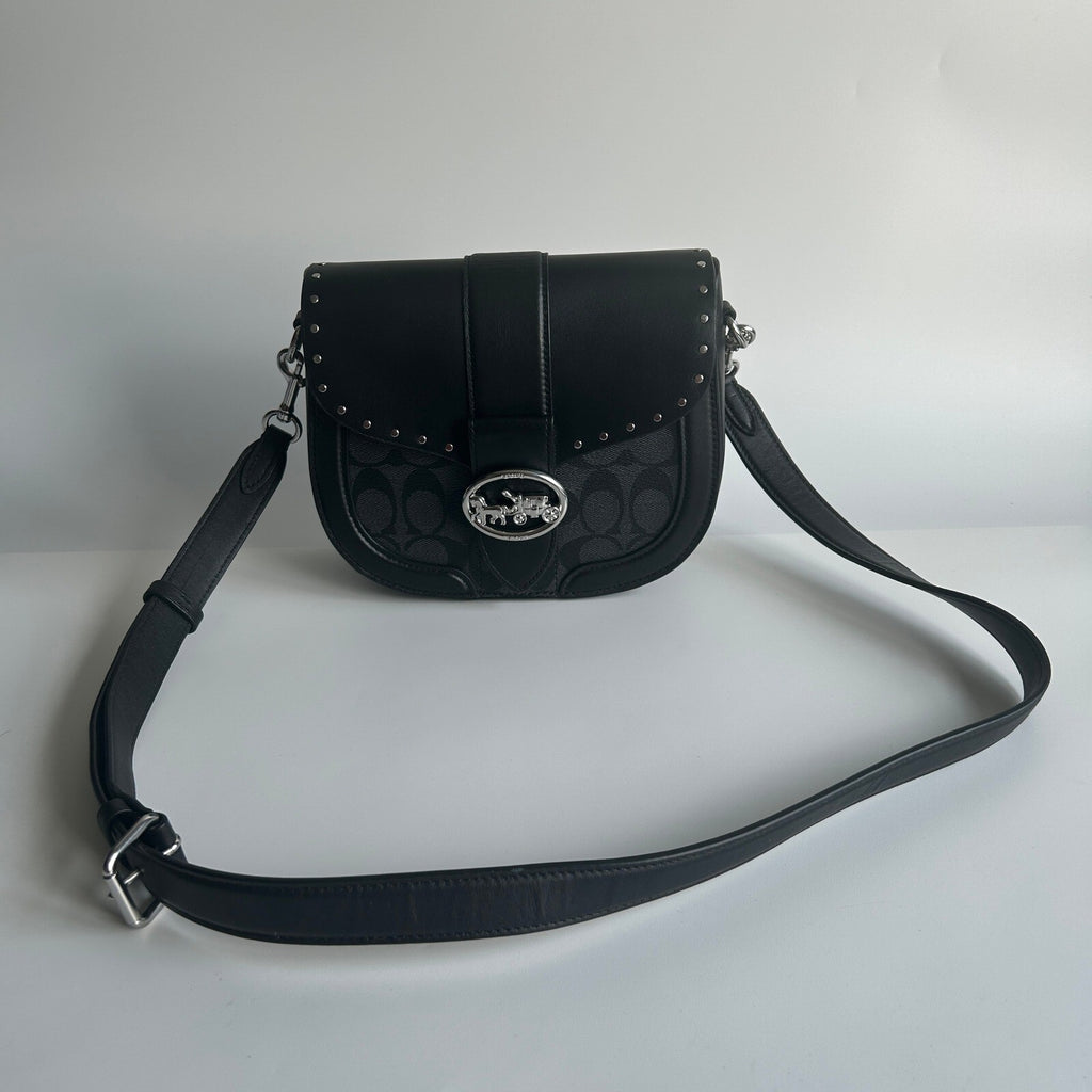 Coach Georgie Saddle Bag Black Colorblock Canvas Leather Rivets C3593