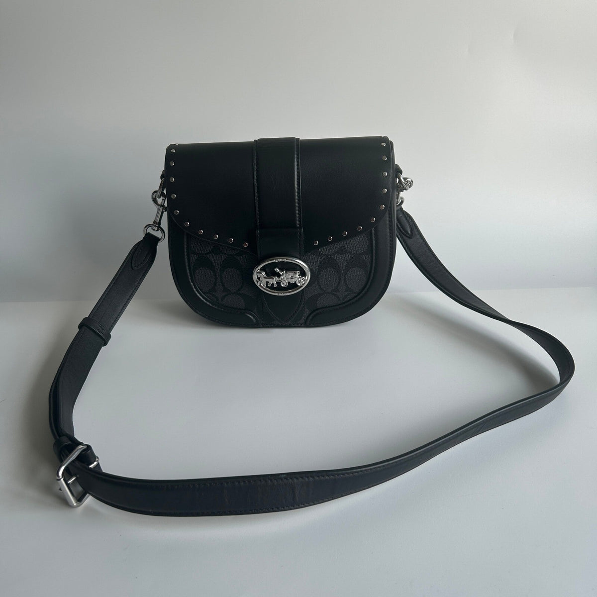 Coach Georgie Saddle Bag Black Colorblock Canvas Leather Rivets C3593