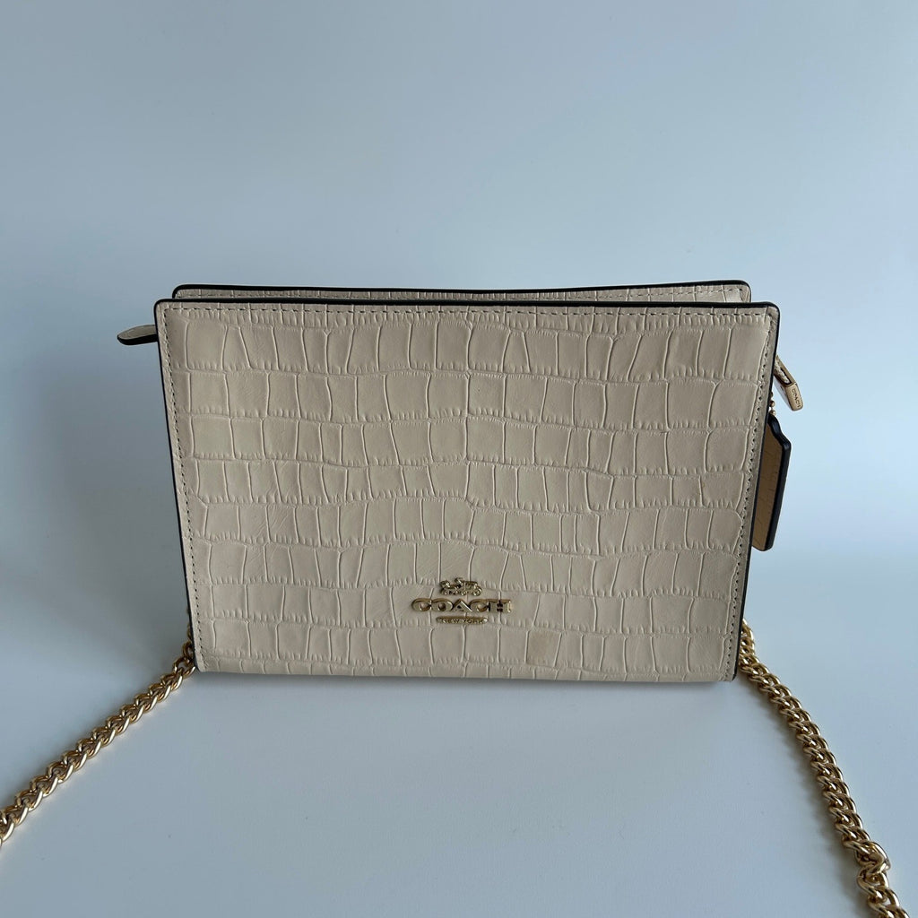 Coach Slim Crossbody Ivory Crocodile Embossed Leather Gold Chain CR237