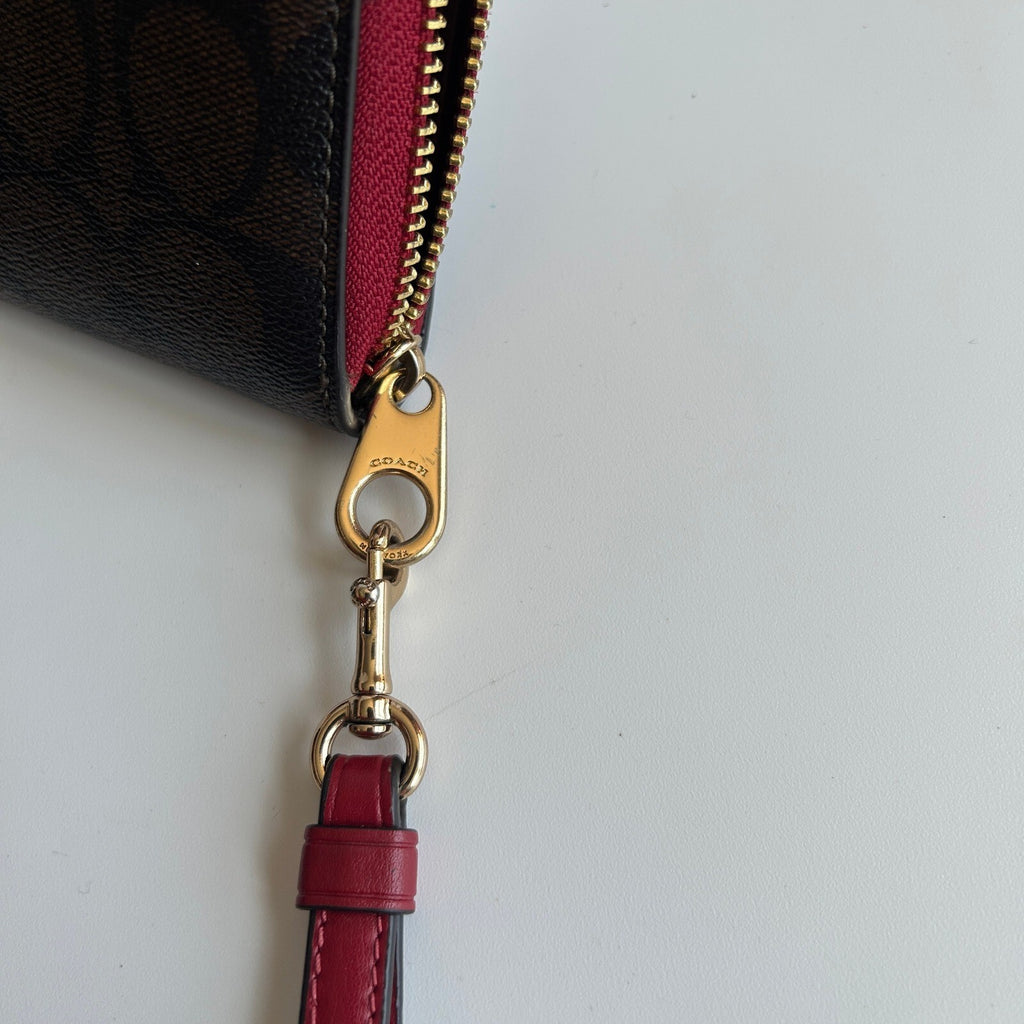 Coach Long Zip Around Wallet Brown Red Signature Canvas Wristlet C4452