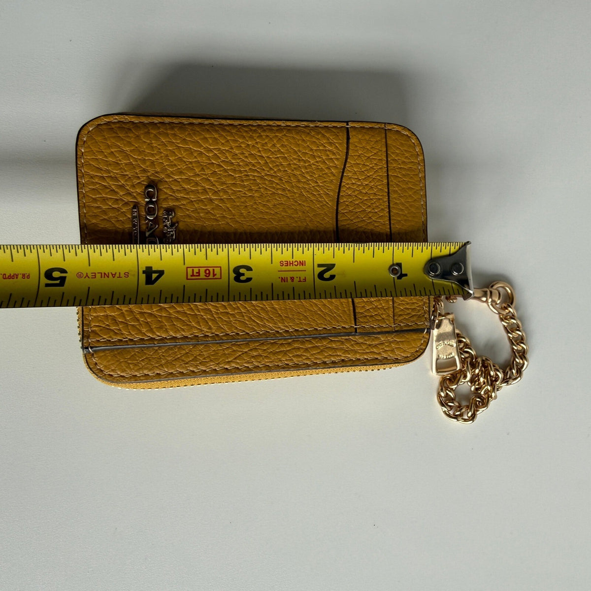Coach Zip Card Case Wallet with Chain Ochre Yellow Pebble Leather 6303