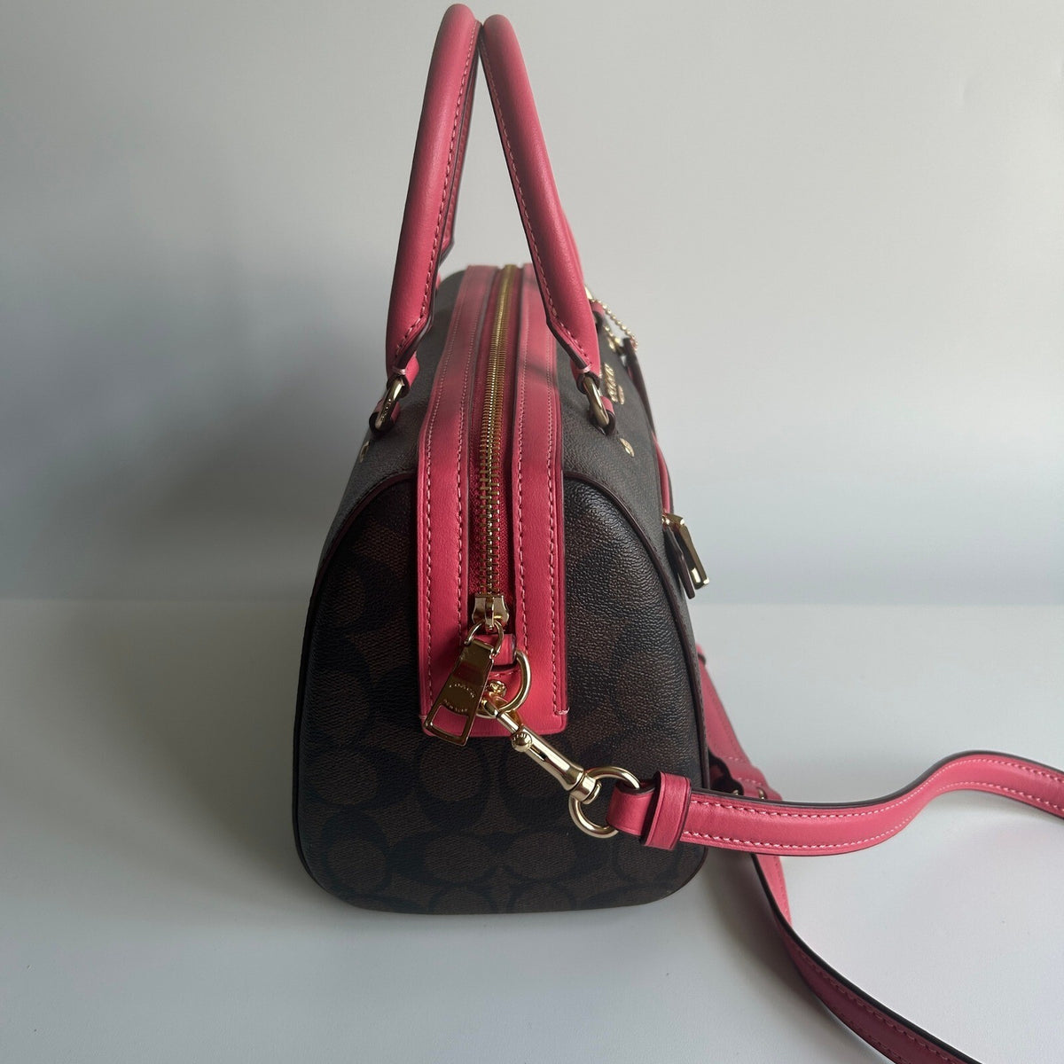 Coach Rowan Satchel Pink Brown Signature Canvas Crossbody Bag F83607