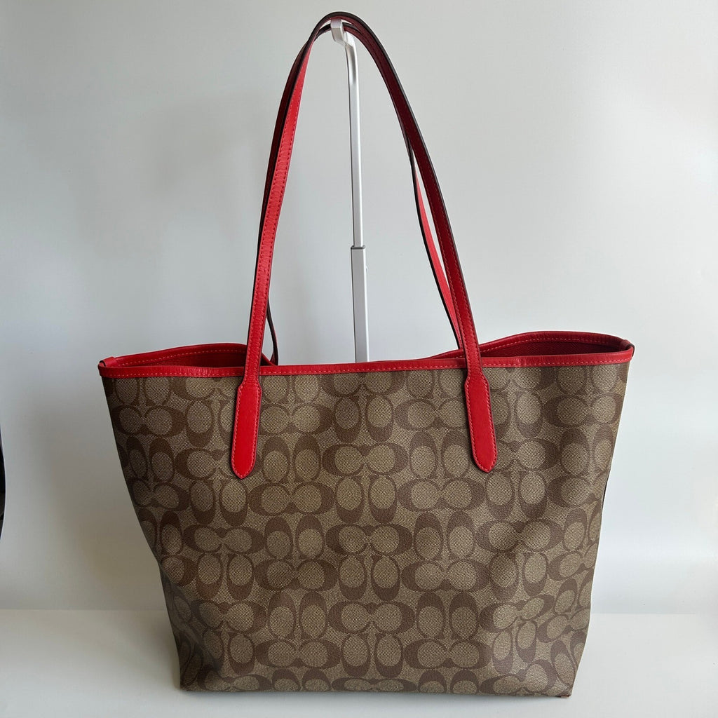 Coach City Tote Miami Red Khaki Brown Signature Canvas 5696