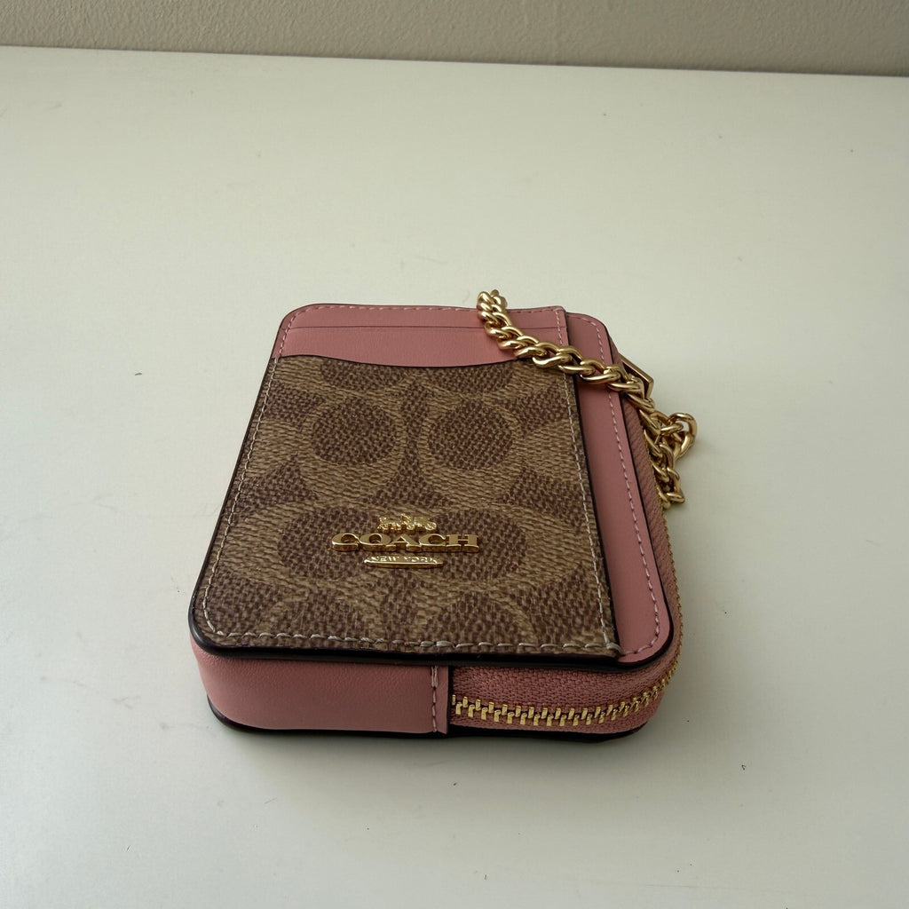 Coach Zip Card Case Tan Dusty Pink Signature Canvas CW883 Wallet