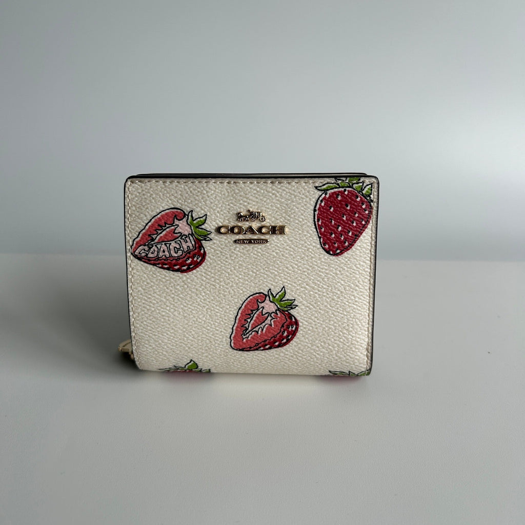 Coach Small Snap Bifold Wallet Chalk Multi Wild Strawberry Canvas Leather CAP18