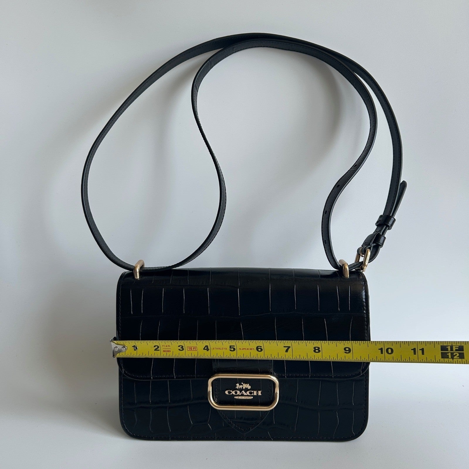 Coach Morgan Square Black Crocodile Embossed Leather Crossbody Bag Excellent