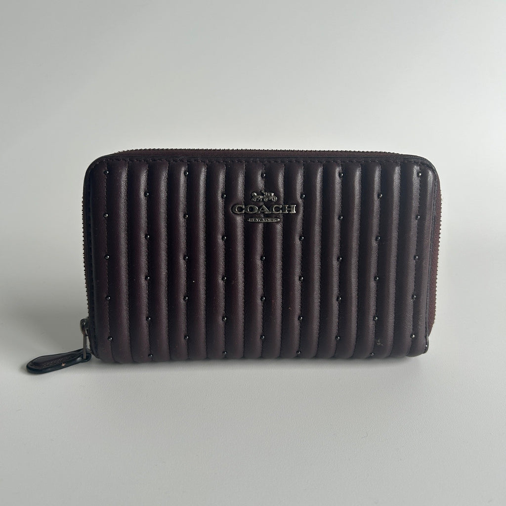 Coach Accordion Zip Plum Quilted Studded Leather Wallet Good