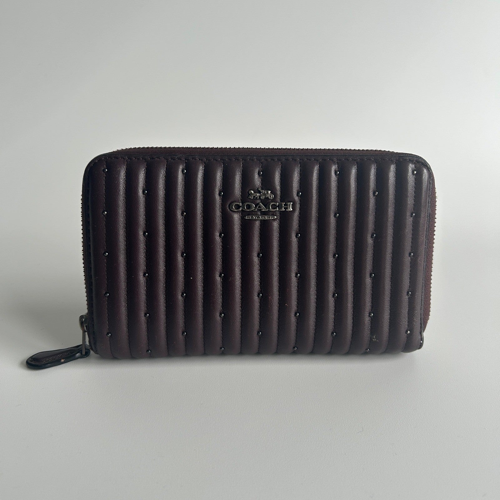 Coach Accordion Zip Plum Quilted Studded Leather Wallet Good