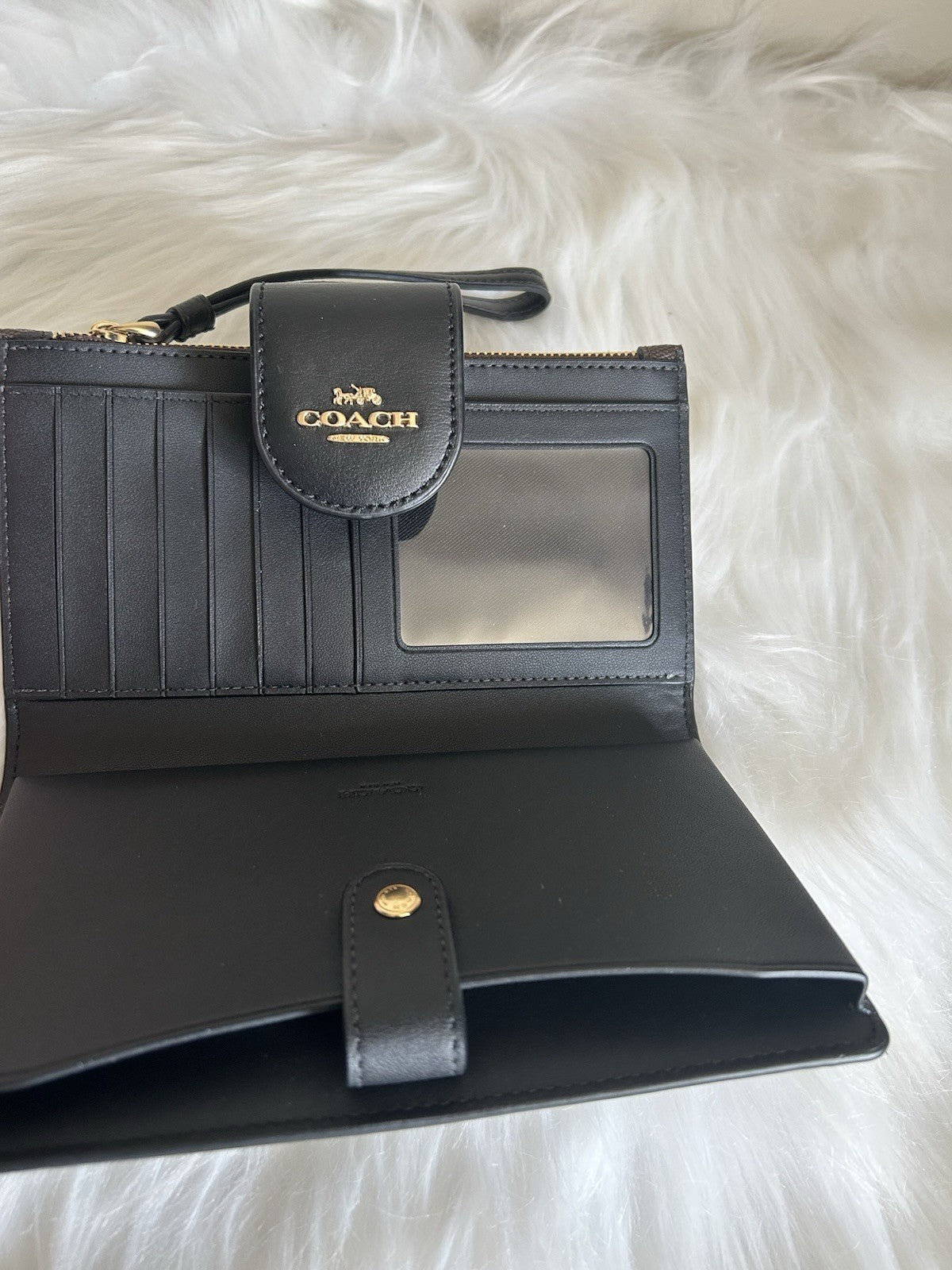 Coach Phone Wallet Brown Black Signature Canvas Wristlet Excellent