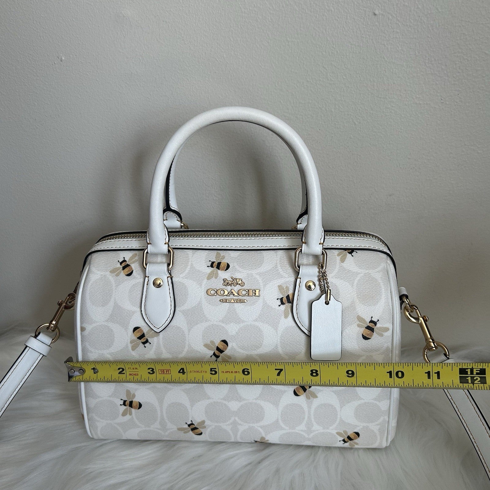 Coach Rowan Satchel Chalk White Bee Signature Canvas Leather Bag Excellent