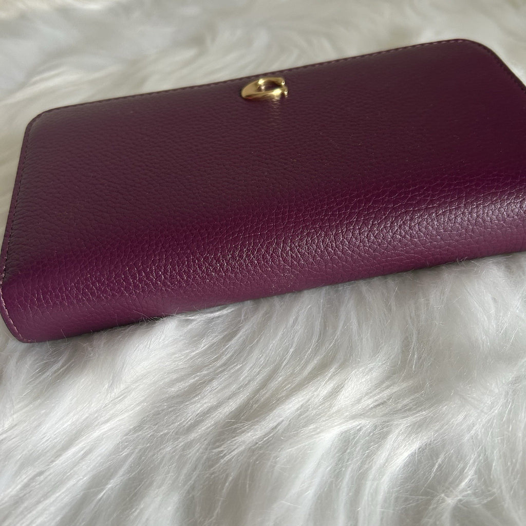 Coach Accordion Zip Wallet Deep Berry Pebbled Leather Excellent