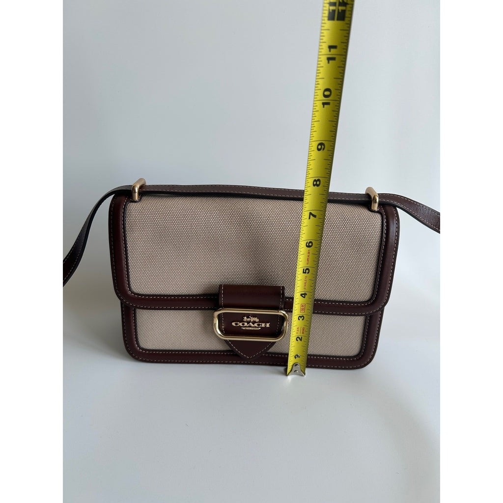 Coach Morgan Burgundy Leather Beige Canvas Shoulder Bag CS191 Excellent