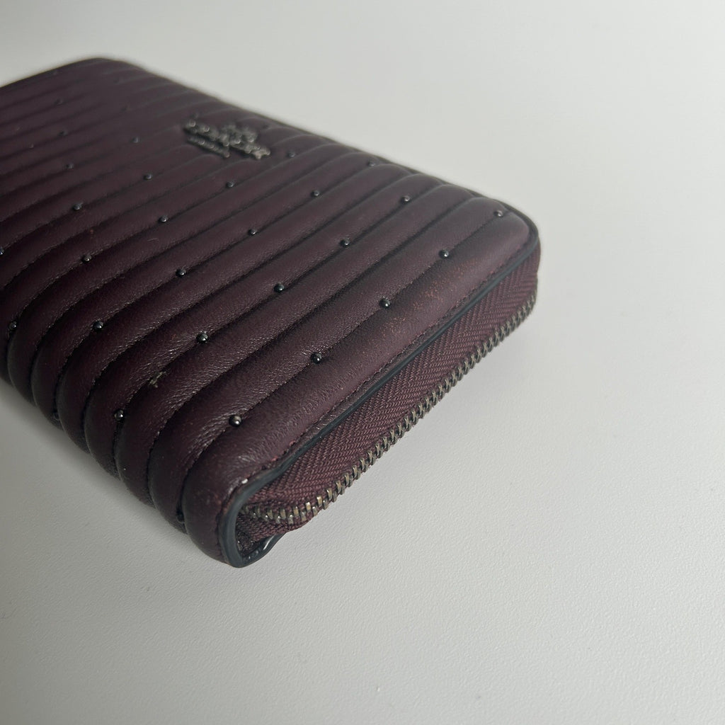 Coach Accordion Zip Plum Quilted Studded Leather Wallet Good