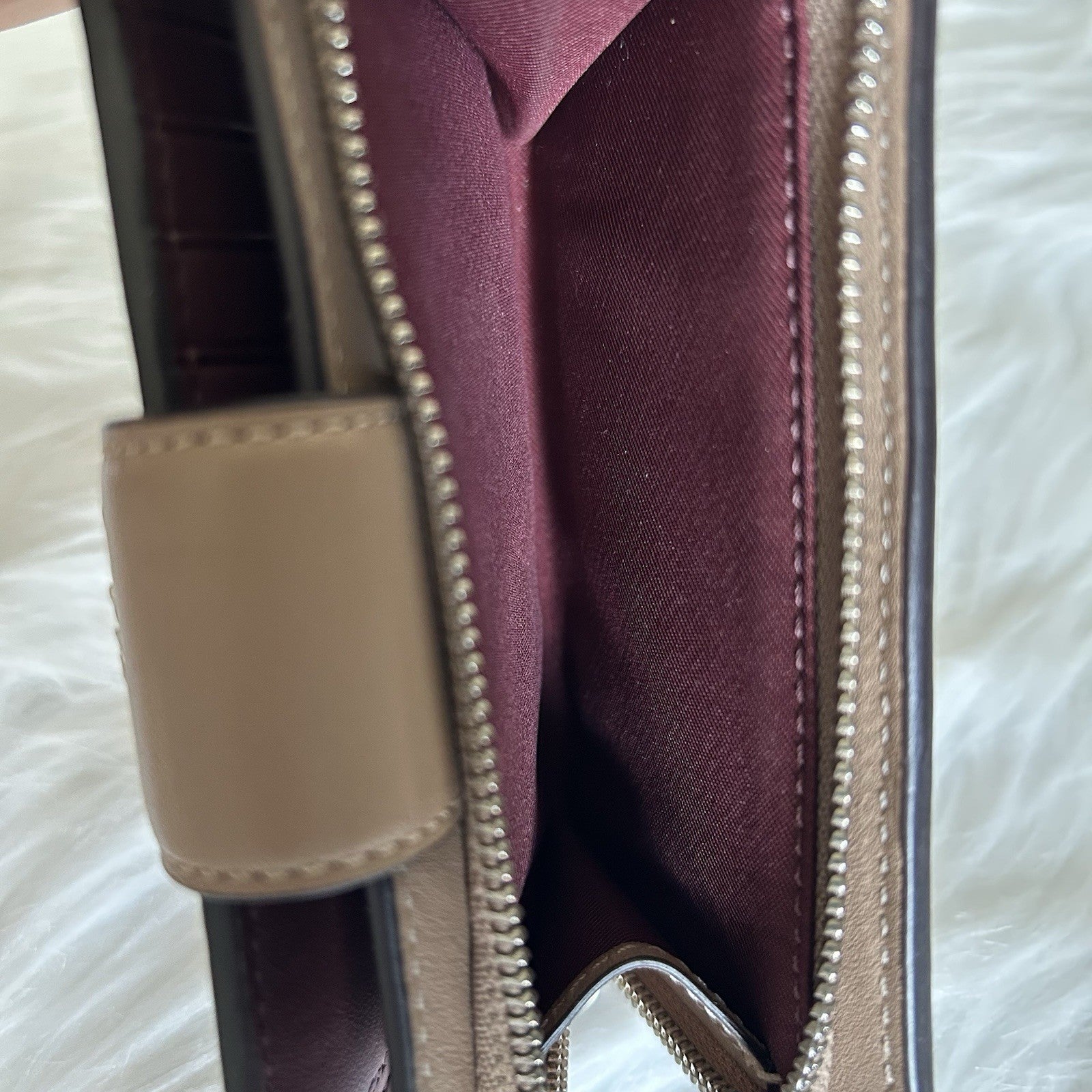 Coach Medium Corner Zip Taupe Debossed Leather Wallet GOOD