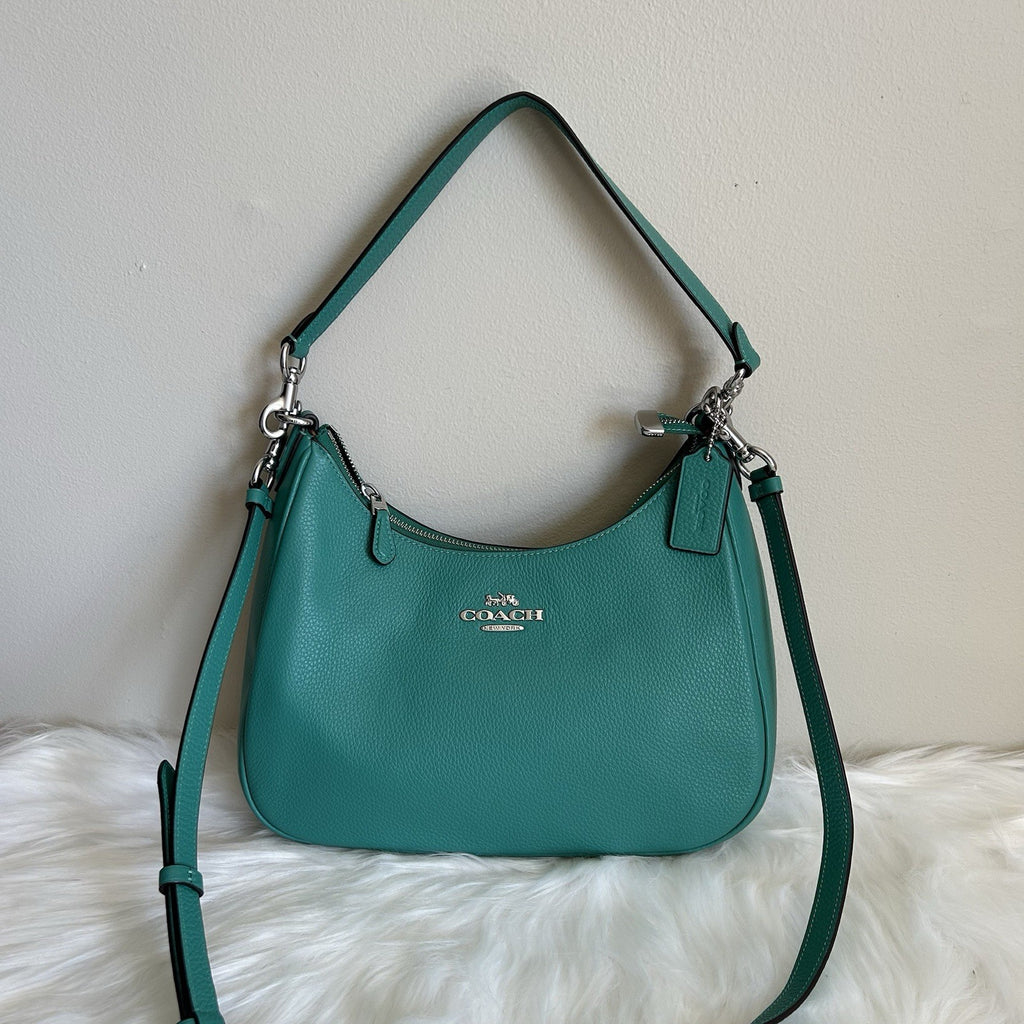 Coach Teri Hobo Teal Pebbled Leather Shoulder Bag Excellent