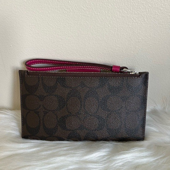 Coach Tech Phone Wallet Signature Canvas Brown Pink Wristlet C2874