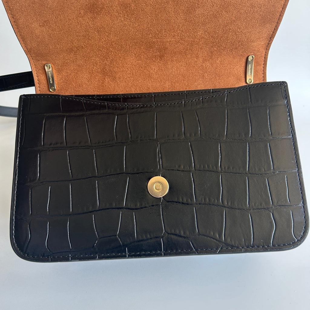 Coach Morgan Square Black Crocodile Embossed Leather Crossbody Bag Excellent