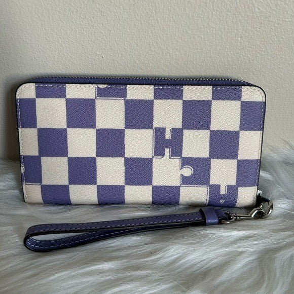 Coach Accordion Zip Purple White Checkered Leather Wristlet Wallet Excellent