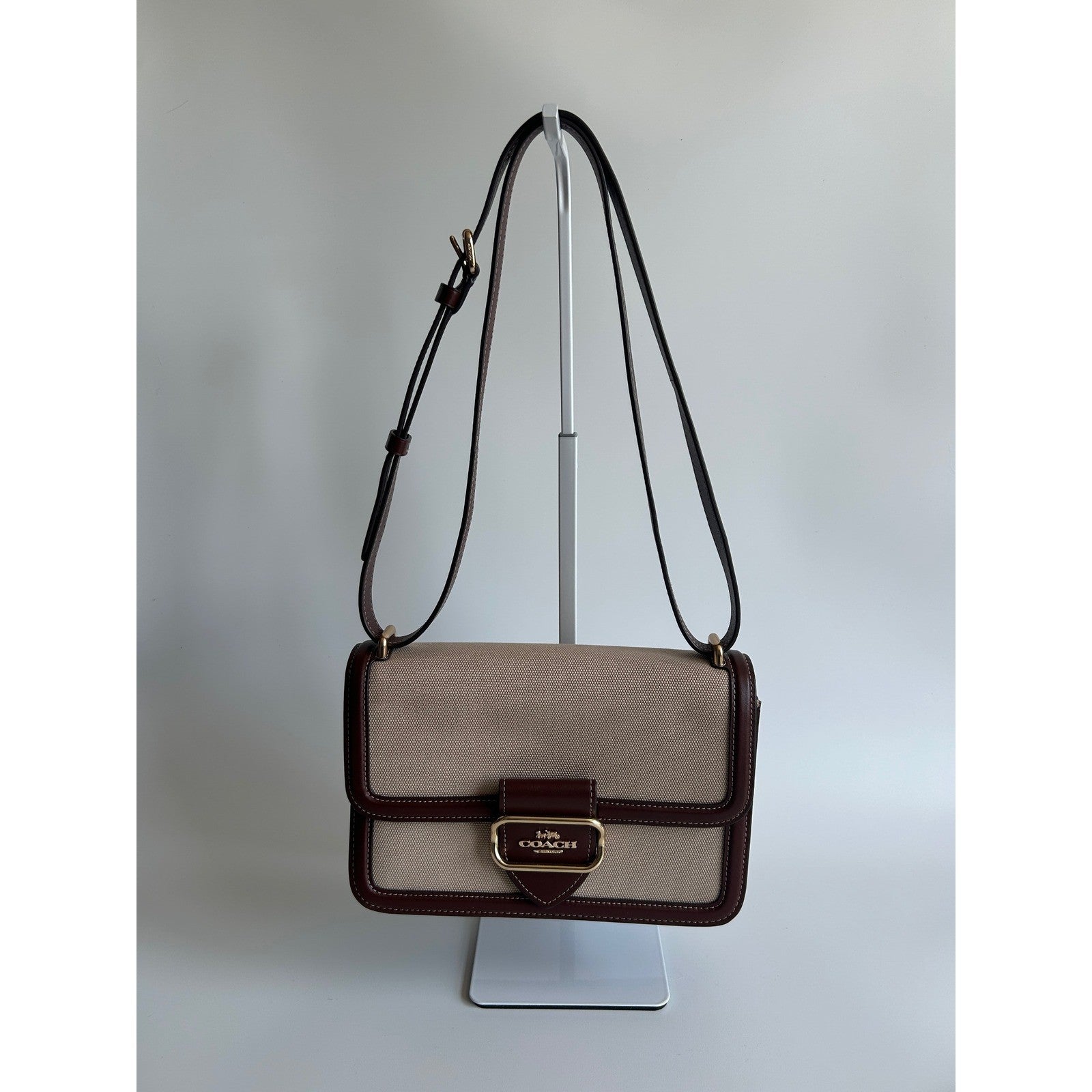 Coach Morgan Burgundy Leather Beige Canvas Shoulder Bag CS191 Excellent