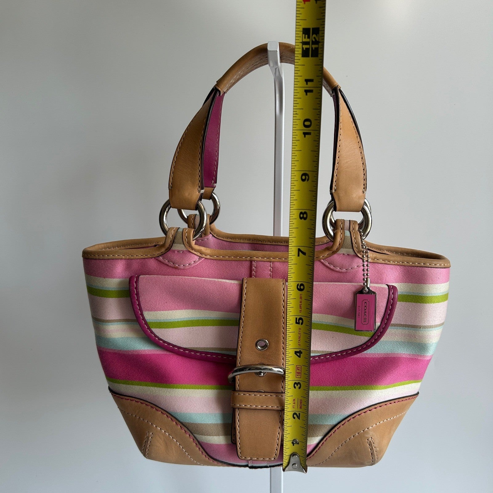 Coach Hampton Stripe Pink Canvas Leather Satchel Bag M053-1888 Fair