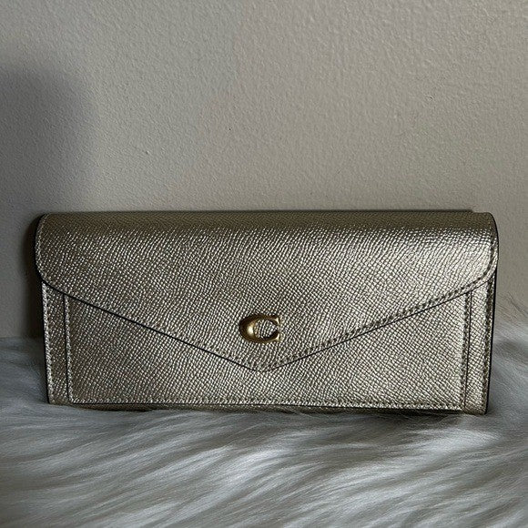 Coach Wyn Soft Wallet Metallic Gold Crossgrain Leather Envelope C Logo C2327