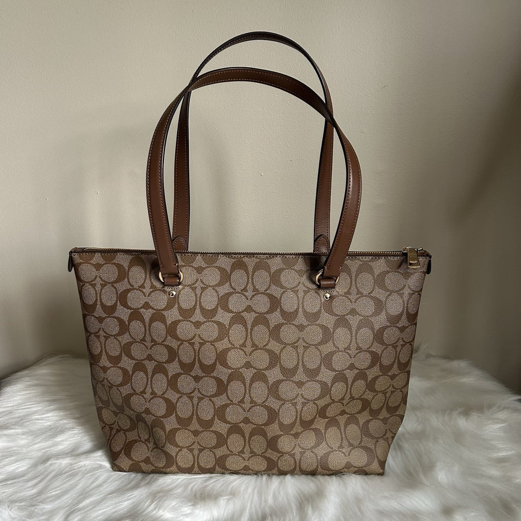 Coach Gallery Tote Khaki Saddle Signature Canvas Leather Shoulder Bag Excellent