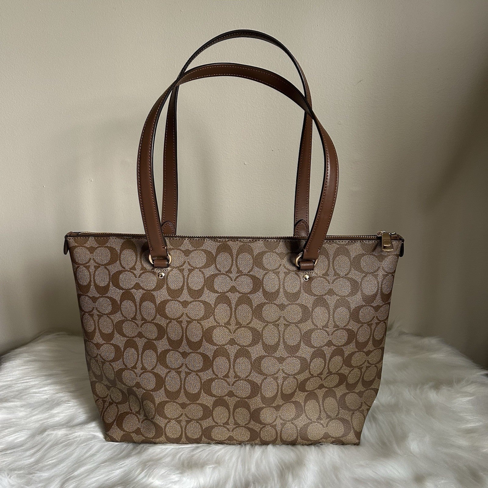 Coach Gallery Tote Khaki Saddle Signature Canvas Leather Shoulder Bag Excellent