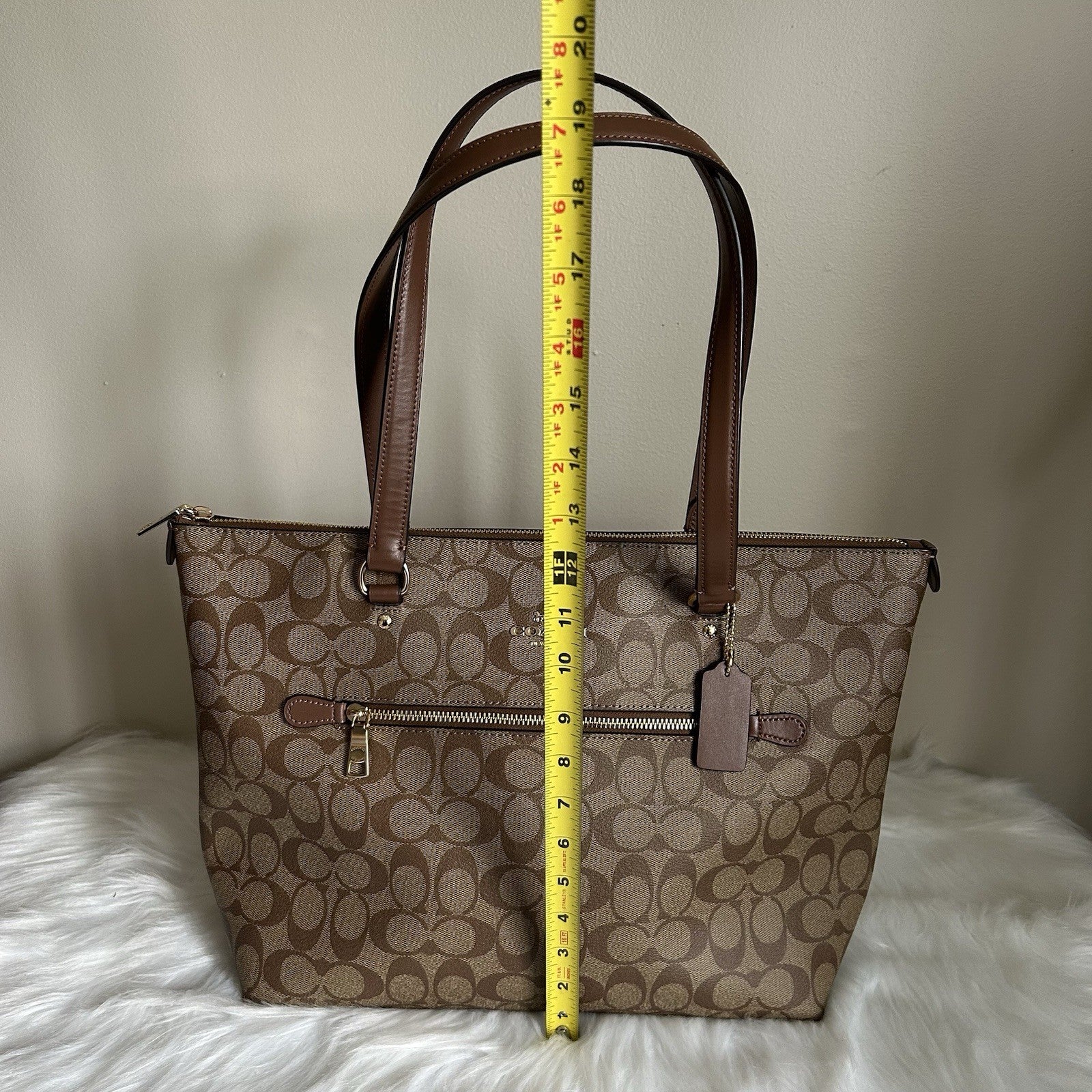 Coach Gallery Tote Khaki Saddle Signature Canvas Leather Shoulder Bag Excellent