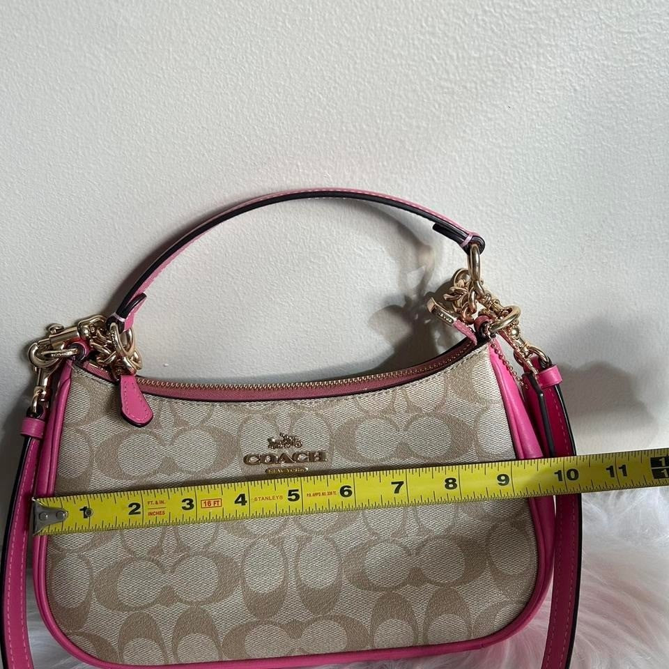Coach Teri Khaki Electric Pink Signature Canvas Shoulder Bag Excellent