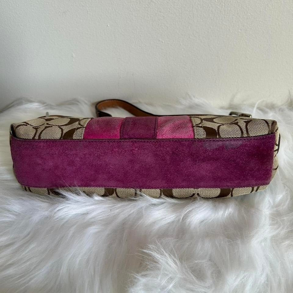 Coach Signature Stripe Demi Brown Pink Suede Canvas Baguette Bag Good