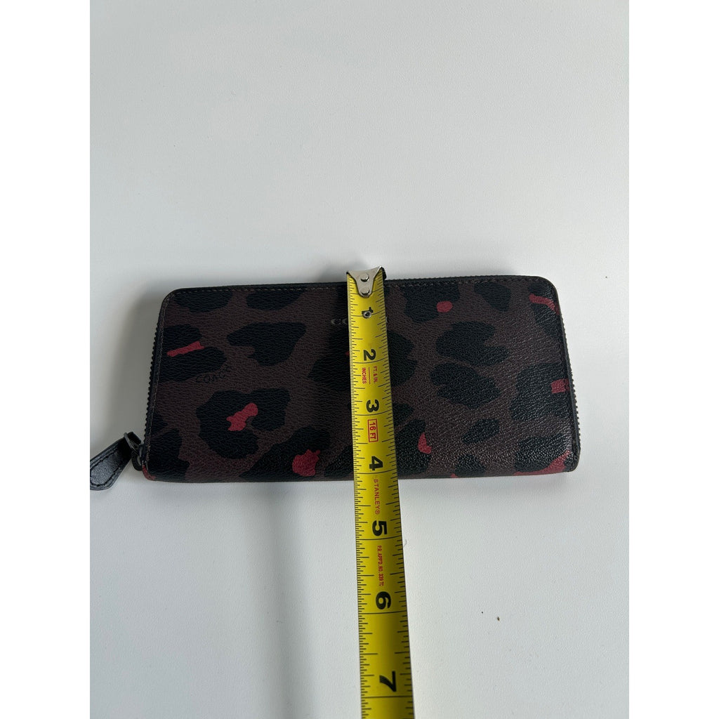 Coach Accordion Zip Brown Red Leopard Coated Canvas Wallet Excellent
