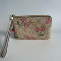 Coach Corner Zip Wristlet Khaki Pink Heart Cherry Canvas Leather Excellent