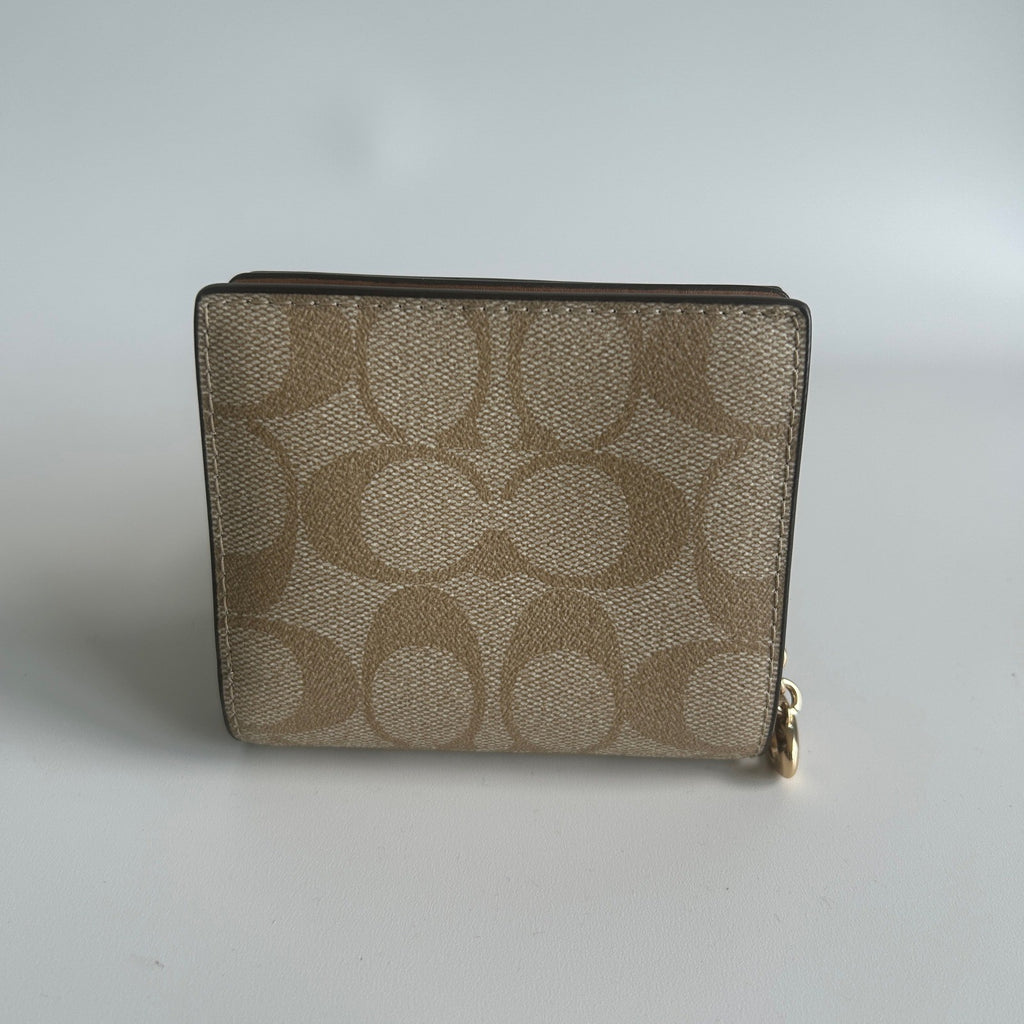 Coach Snap Wallet Khaki Saddle Signature Canvas Bifold Wallet Excellent