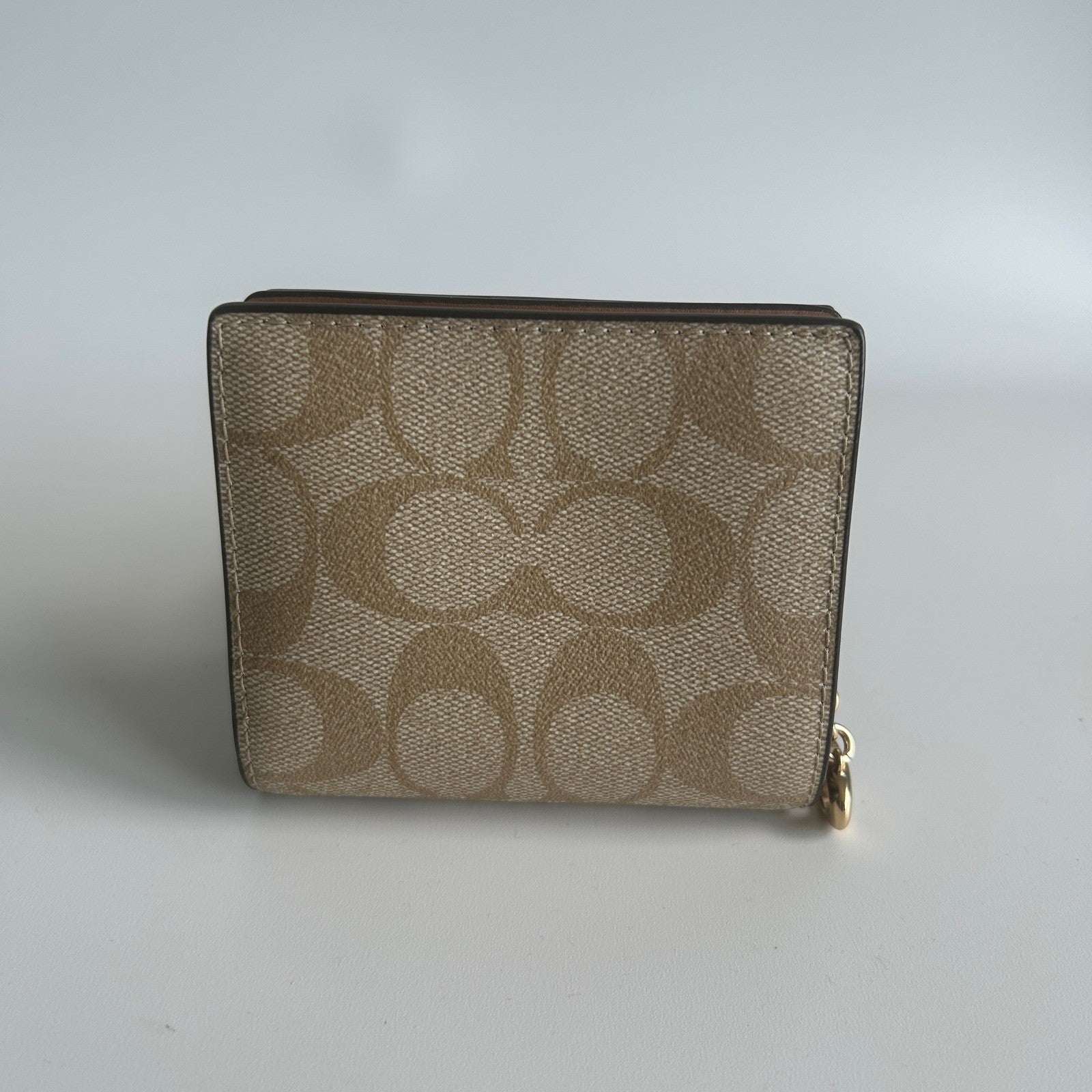 Coach Snap Wallet Khaki Saddle Signature Canvas Bifold Wallet Excellent