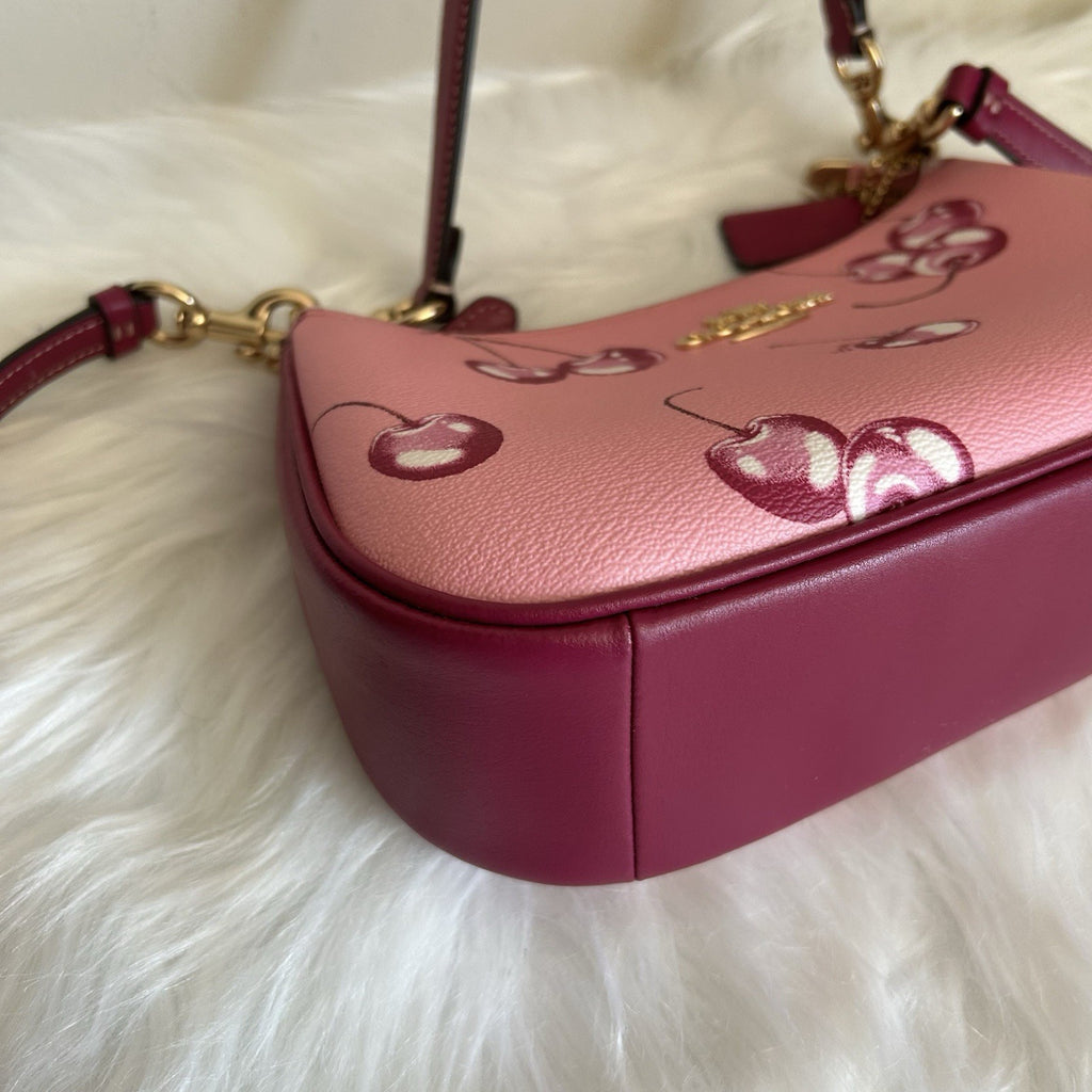 Coach Teri Cherry Print Pebbled Shoulder Bag Pink