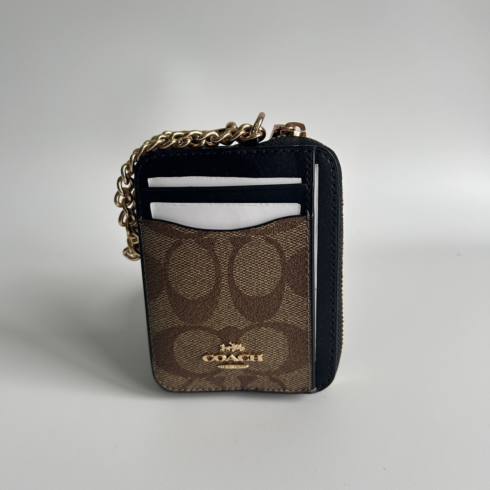 Coach Zip Card Case Khaki Brown Multi Signature Canvas Leather New