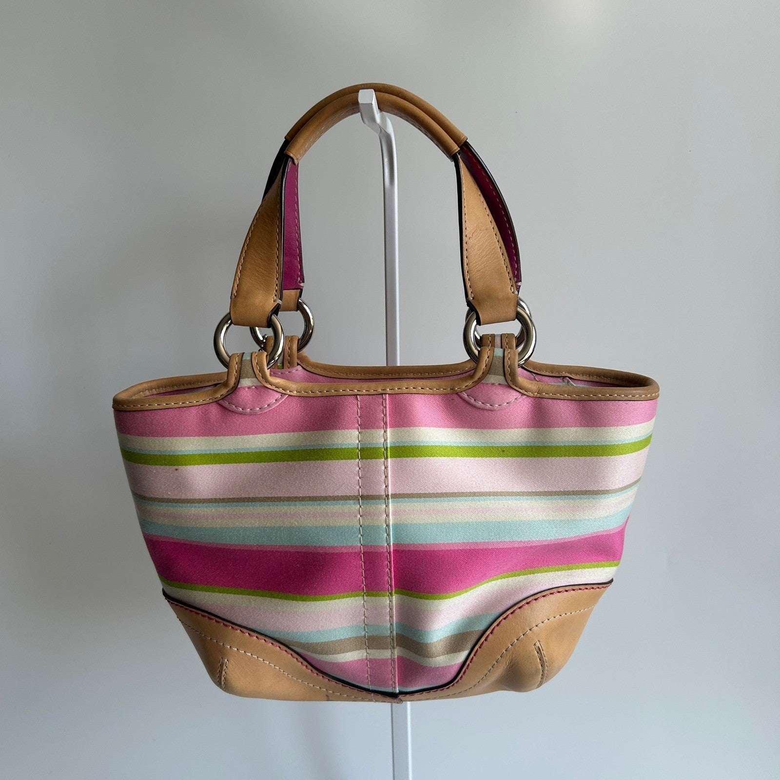 Coach Hampton Stripe Pink Canvas Leather Satchel Bag M053-1888 Fair
