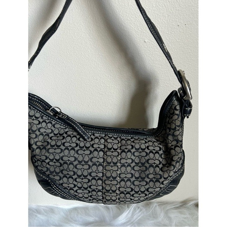 Coach Signature Small Hobo Black Gray Canvas Leather Shoulder Bag E062-2154 Good