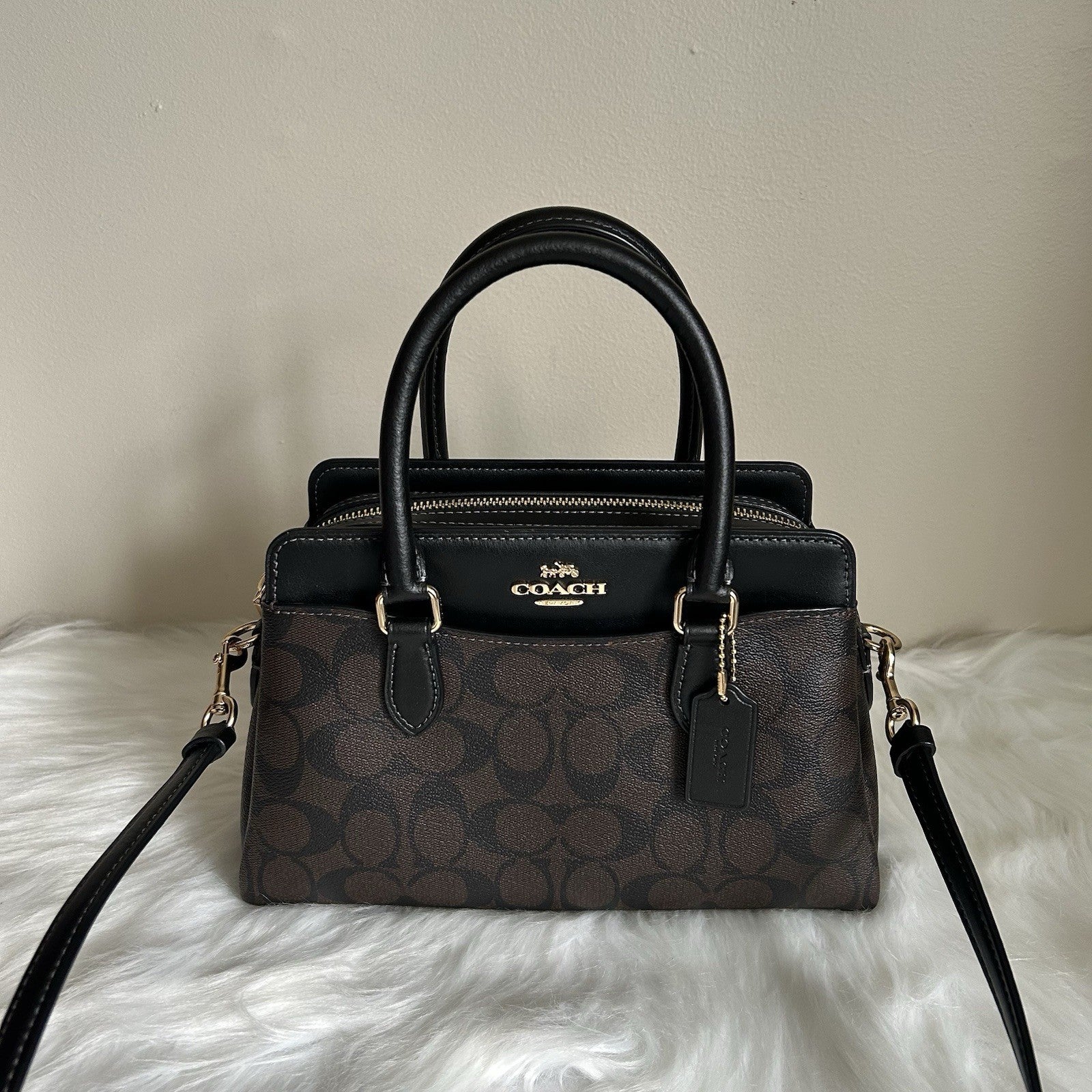 Coach Mini Darcie Carryall Brown Black Signature Canvas Leather Excellent