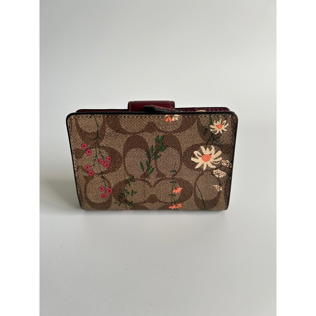 Coach Medium Corner Zip Wallet Brown Floral Signature Canvas Berry Leather EX