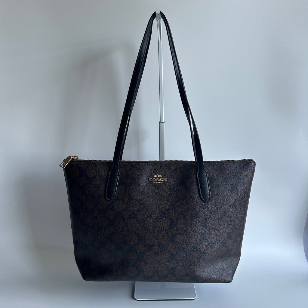 Coach Zip Top Tote Brown Signature Canvas Leather Bag 4455 Good