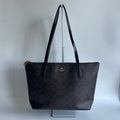 Coach Zip Top Tote Brown Signature Canvas Leather Bag 4455 Good
