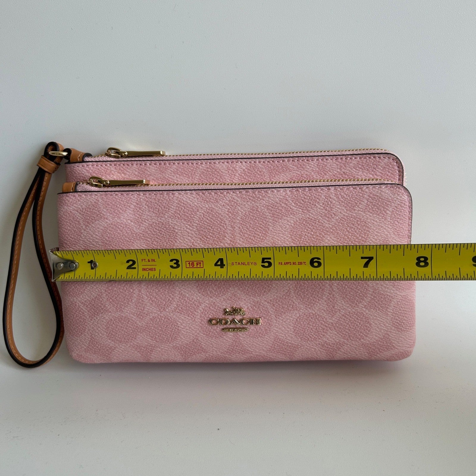 Coach CEF61 Powder Pink Signature Coated Canvas Double Zip Wristlet NEW