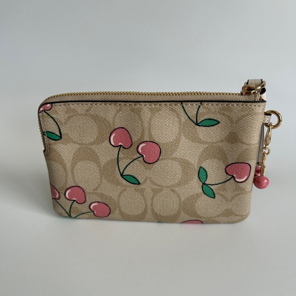 Coach Corner Zip Wristlet Khaki Pink Heart Cherry Canvas Leather Excellent