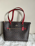 Coach Gallery Tote Brown Red Signature Canvas Leather Shoulder Bag NEW