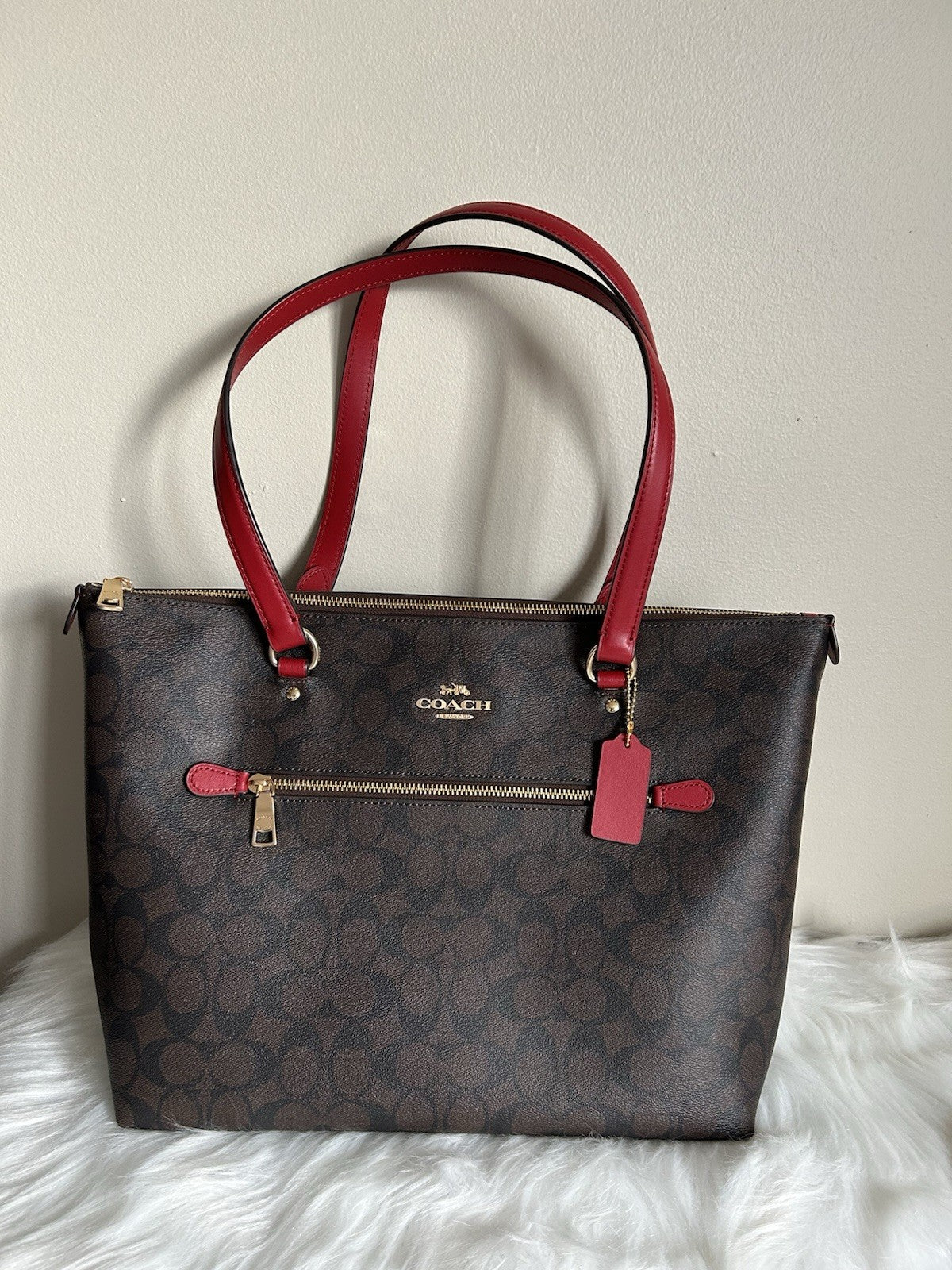 Coach Gallery Tote Brown Red Signature Canvas Leather Shoulder Bag NEW
