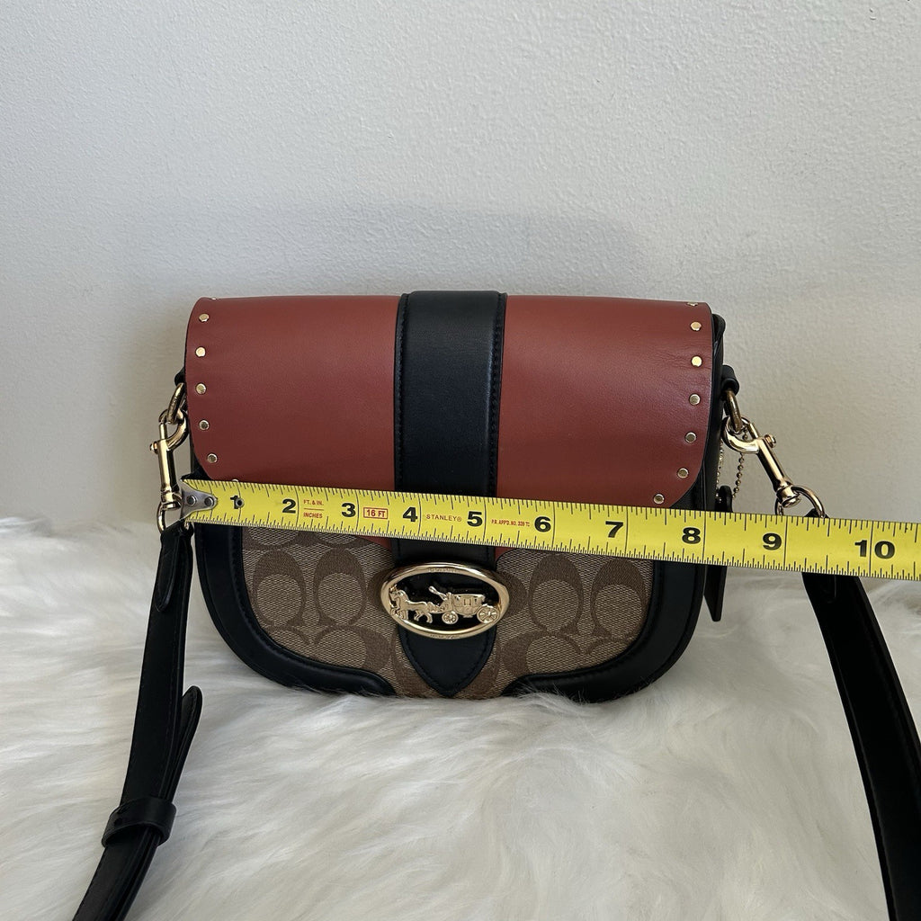 Coach Georgie Saddle Bag Brown Black Signature Canvas Leather Excellent