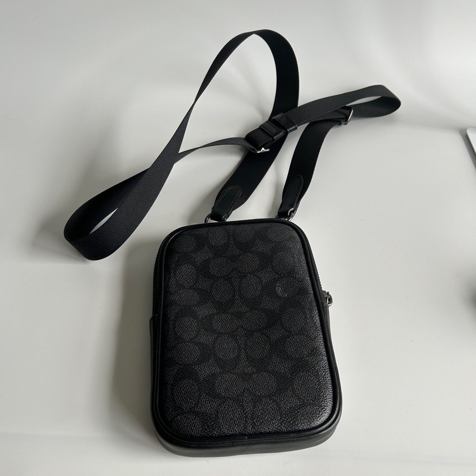Coach Aden Crossbody Black Signature Canvas Leather Bag Excellent