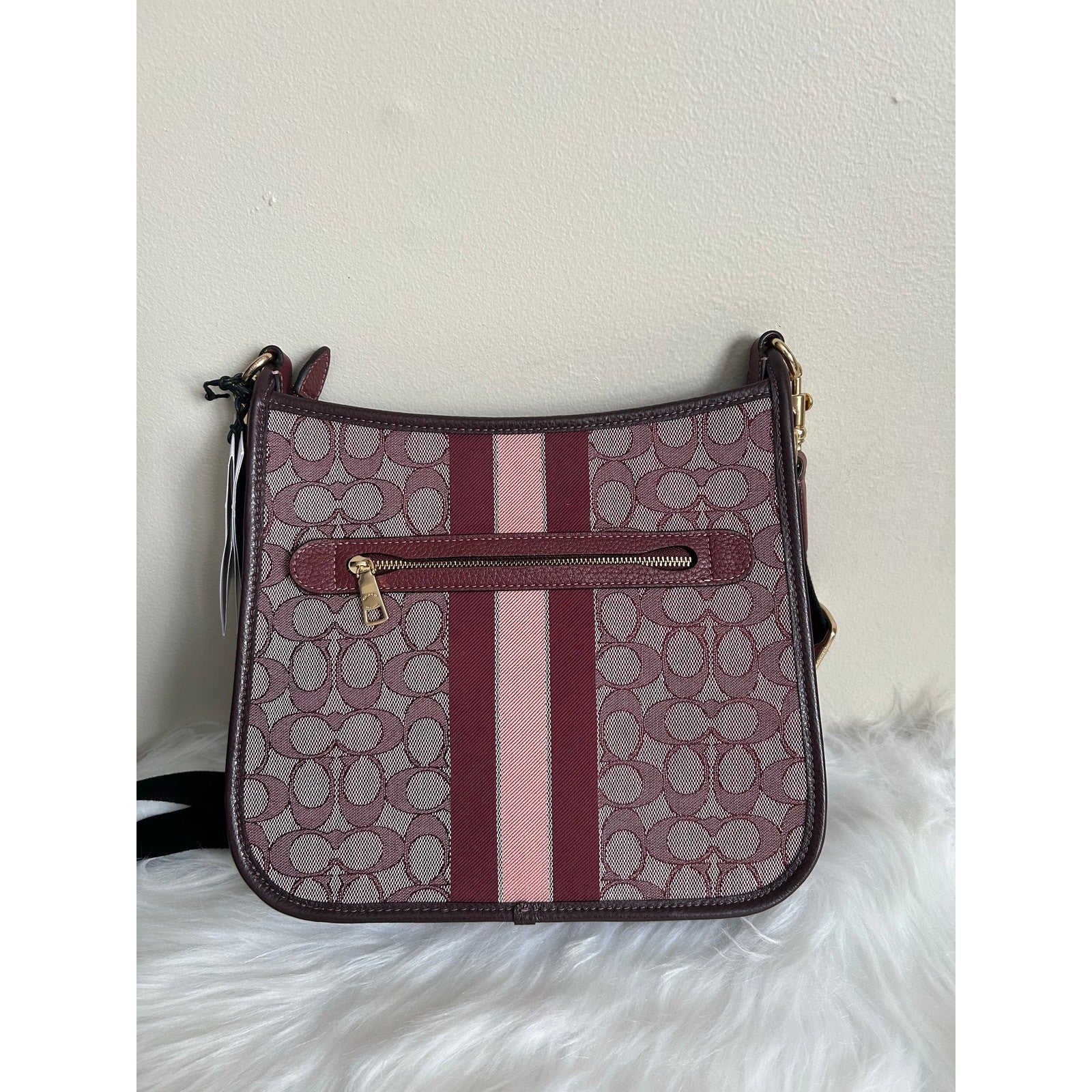 Coach Dempsey File Bag Burgundy Multi Signature Jacquard Leather Crossbody NEW